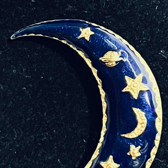 Gold Tone With Cobalt Blue And Gold Enamel Moon Brooch - Picture 2 of 4